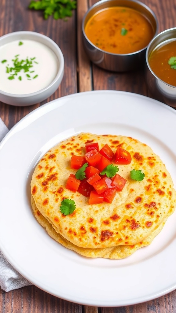Golden brown Tomato Uttapam topped with diced tomatoes and coriander, served with coconut chutney and sambar.